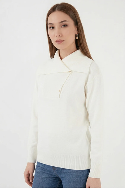 buğrahayalin Women's Wide Collar Knitwear Ecru Sweater