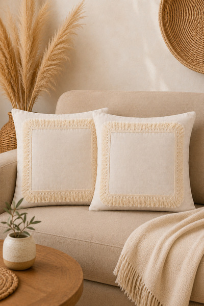 Morlay 2-Piece Natural Linen Tassel Throw Pillow Cover Bohemian Rustic Vintag...
