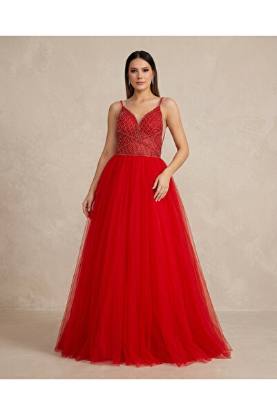 NO BRAND Vrn-Drs-016 |   Luxury Tulle Embellished Red Evening Gown