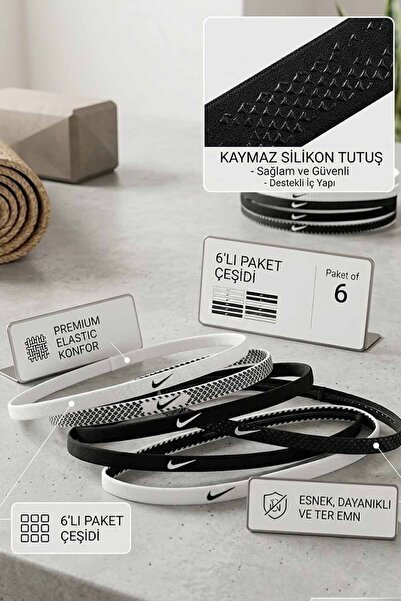 Nike İnce Sporcu Saç Bandı 6'li Paket Set - Kaymaz Silikonlu Tenis, Fitness v...