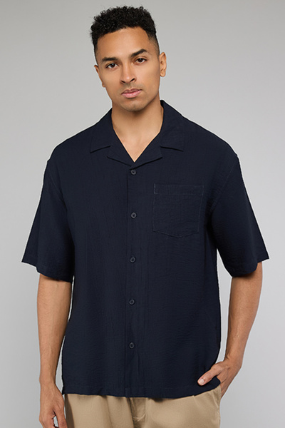 R&B Crinkled Shirt with Revere Collar and Short Sleeves