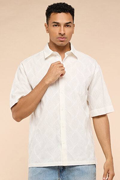 R&B Textured Shirt with Classic Collar and Short Sleeves