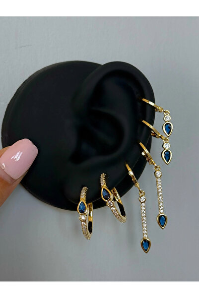 h&b design jewel Çelik Lacivert Çubuk Detay 6 Lı Küpe Seti