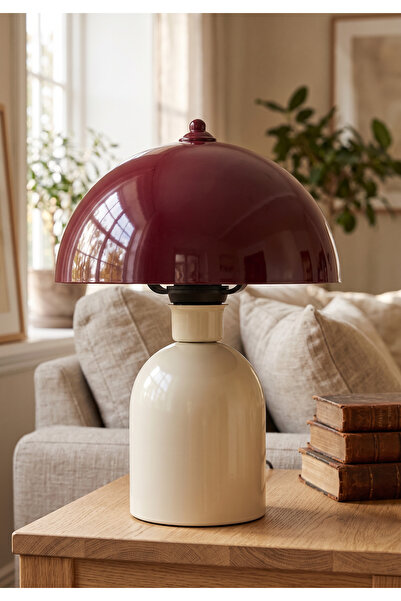 Vinner Rosso Premium Bordo-Krem Mantar Masa Lambası Dekoratif Modern Abajur