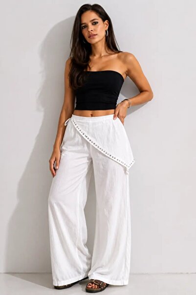 Cool & Sexy Beli ležerni pantaloni sa kamenčićima