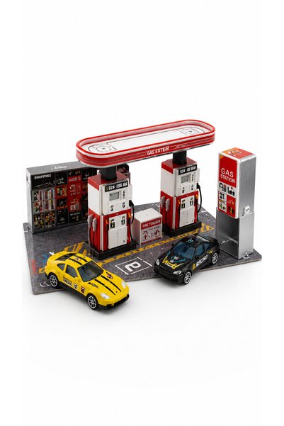 Oriva Gas Station Simulation Assembly Toy for Kids with 2 Cars