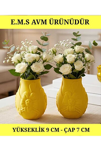 E.M.S AVM 2 Pieces Yellow Color Flower Patterned Vase Decorative Vase Decorat...