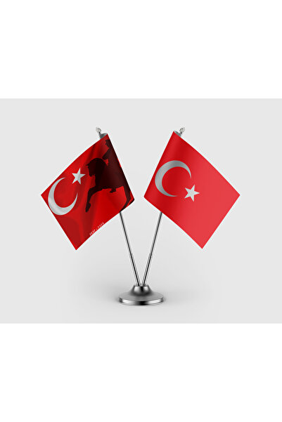 puntodizayn At Üstünde Atatürk ve Türk Bayrağı İkili Saten Masa Bayrağı Takımı