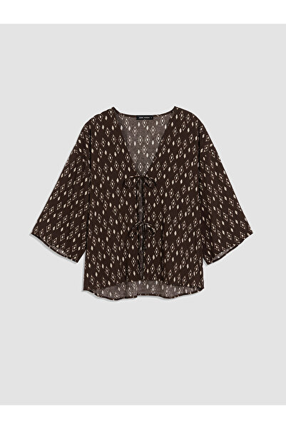 LC Waikiki Brown V-Neck Patterned Tie-Up Women's Kimono