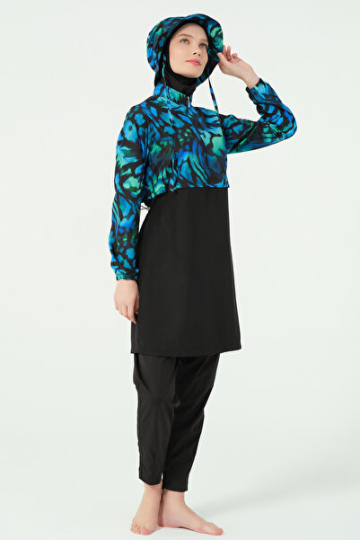 ALFASA Crop Look Hijab Swimsuit with Hat, Long Sleeve, Zippered 25343-26 Black
