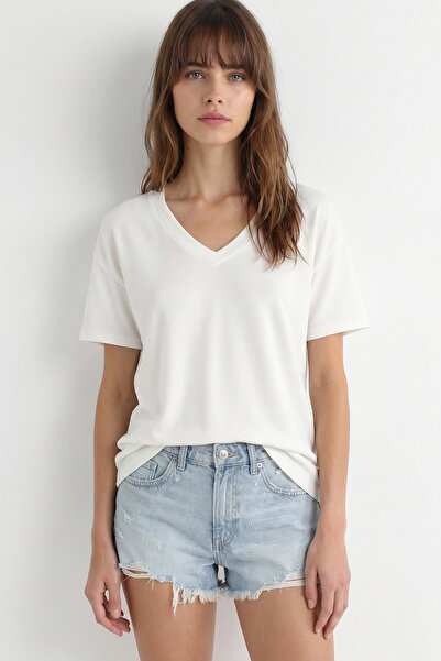 Lovelyİstanbul V Yaka Oversize Basic Örme T-shirt LZV0072 EKRU