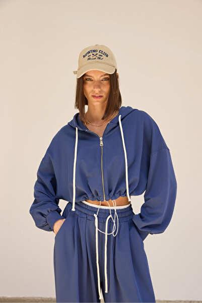 MAI STUDIOS CO. Olin Waist Detail Indigo Hooded Crop Tracksuit Set