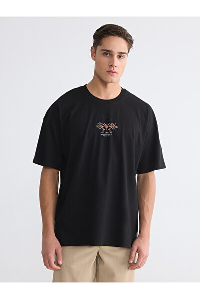 LC Waikiki Black Loose Fit Crew Neck Printed Men's T-Shirt
