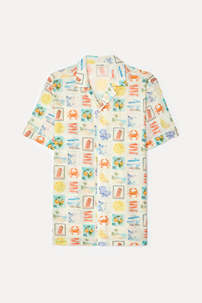 Mudo Men's Ecru Patterned Regular Fit Resort Collar Short Sleeve Shirt