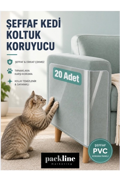 Packline Marketing 20 ADET Kedi Koltuk Tırmalama Koruyucu Şeffaf Yapışkanlı Mobilya Tırmalama Önleyici Bandı 20x50 Cm