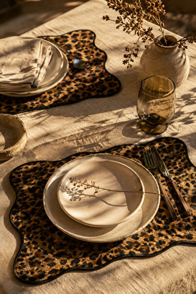 Anadolu Saray 2 Pieces Leopard Patterned Leather American Service Mat 35X45 c...