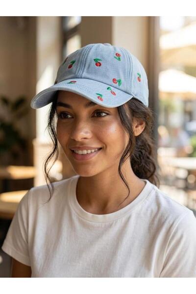 Trend Şapka 19045 Denim Blue Cherry Embroidered Cap Hat