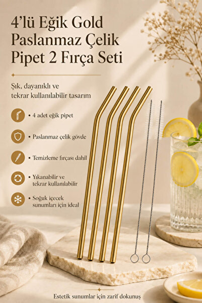Anadolu Saray 4’lü Eğik Gold Paslanmaz Çelik Pipet Seti 2 Fırçalı Yeniden Kul...