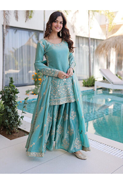 MYSMAR طقم شارارا أزرق من فندي كراش مع تطريز ودوباتا - HRT7531-Blue