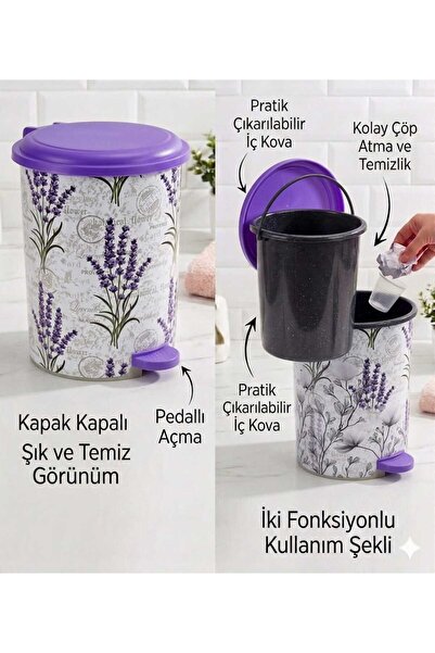 ÇEÇEN HOME 2 No Beyaz Basmalı Pedallı Çöp Kovası İç Kovalı 10 Lt (27 x 24 cm)
