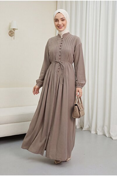 Modamorfo Half-Buttoned Ribbed Belted Modal Dress - Mink