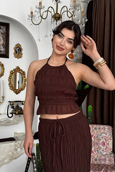 Julidress Set premium cu bluză crop cu detaliu de legătură la spate și fustă ...