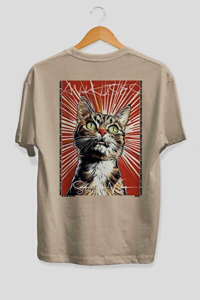 Ankhises Tricou oversize bej cu imprimeu Cat For Cat Lovers, 100% bumbac, uni...