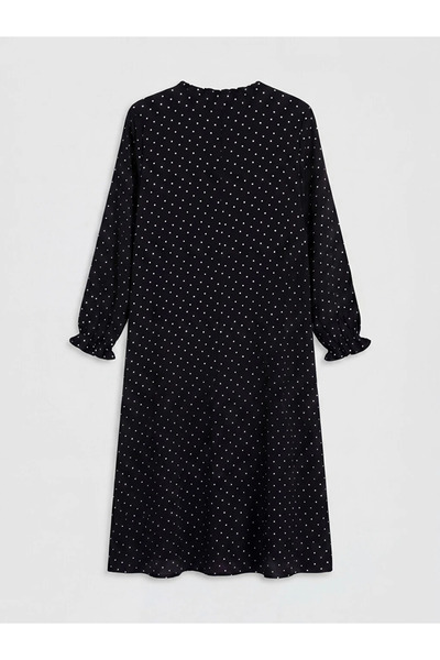 LC Waikiki Black Ruffled High Neck Polka Dot Dress