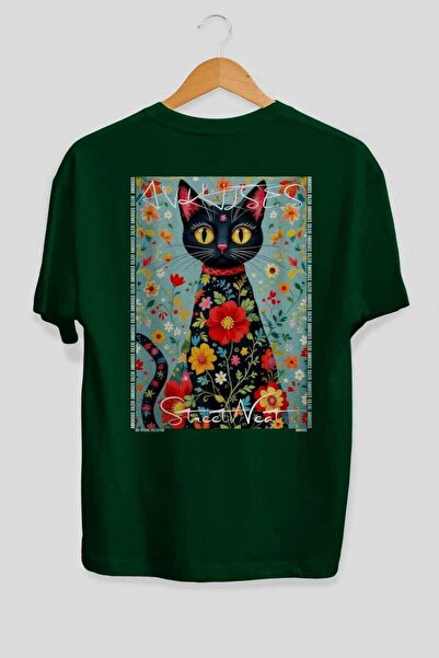 Ankhises 81 Cats for the Sake of Cats Printed Green Oversize T-Shirt 100% Cot...