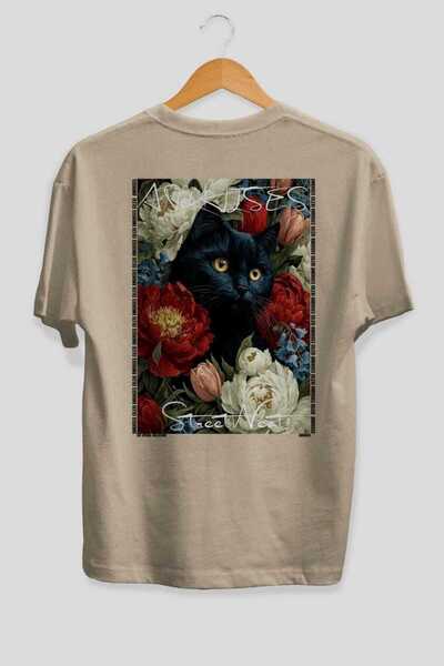 Ankhises For the Love of Cats 87 Cat Printed Beige Oversize T-Shirt 100% Cott...