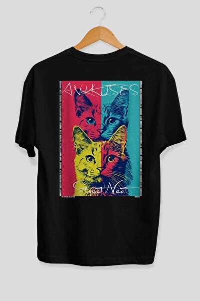 Ankhises 47 Cats for the Sake of Cats Printed Black Oversize T-Shirt 100% Cot...