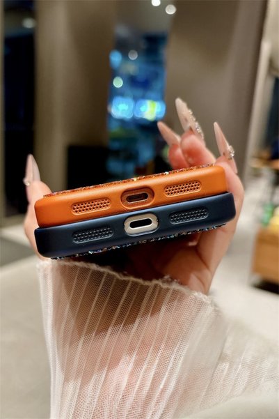 İtarz iPhone 12 Promax Compatible Orange Luxury Stone Glitter Premium Phone Case with Camera Protection