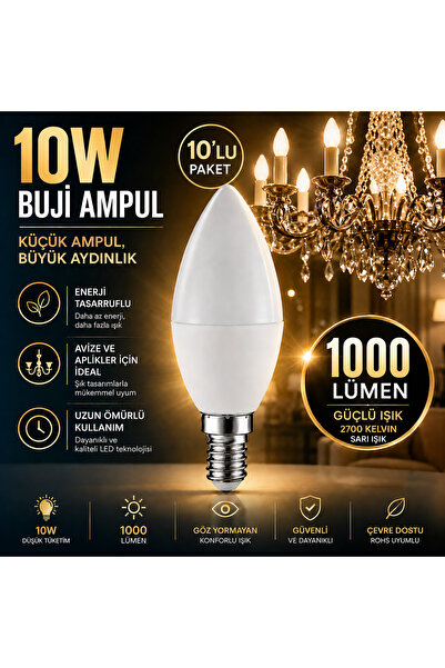 repplam 10'lu Paket 10W Buji Led Ampul Sarı Işık İnce Duylu Ampul Avize Ampul...