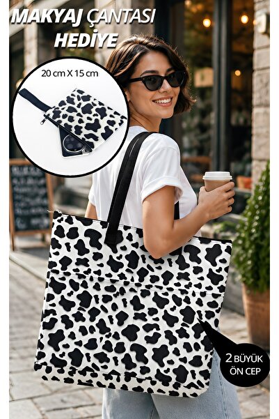 BYBAG Black and White Cow Pattern Beach Bag Large Size Zippered Tote Bag