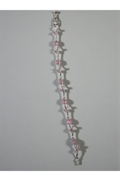 ahsenaksesuar2025 Silver Color Pink Zircon Stone Ivy Leaf Design Steel Bracelet - Tarnish Resistant - 20cm