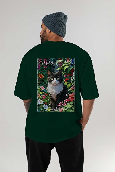 Ankhises For the Love of Cats 9 Cats Printed Green Oversize T-Shirt 100% Cott...