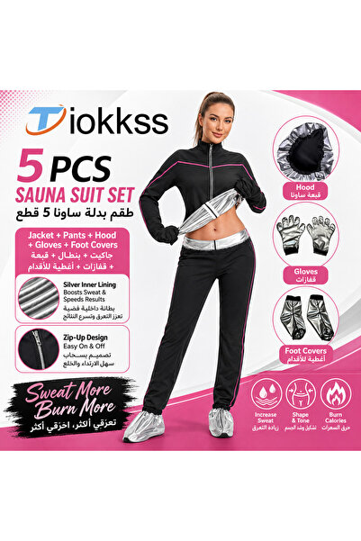 Tiokkss Women’s 5-Piece Sauna Suit Set, Black Zip-Up Workout Jacket & Pants w...