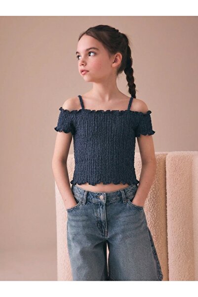 Tinymuyt Kız Çocuk Krinkıl İp Askılı Düşük Omuzlu Crop Bluz Lacivert