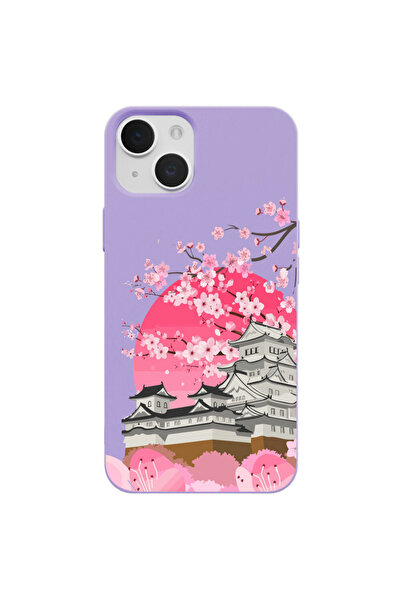 Casen iPhone 15 Lila Lansman Sakura Renkli Silikon Kılıfı
