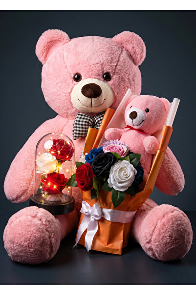 Linalux Gifts Pembe Büyük Peluş Ayı Fanus İçinde Led Işıklı Gül ve Renkli Çiç...