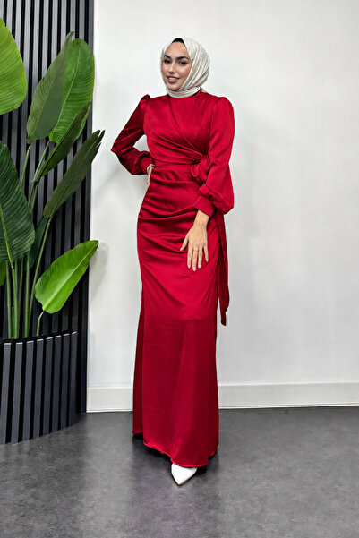 Tesettür Diyarı Satin Hijab Evening Dress with Tie Waist Detail