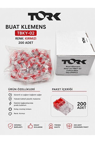 TORK 200 Adet 1,0-2.5mm2 Kırmızı Buat İçi Yaylı Klemens TBKY-02 NMS HIRDAVAT