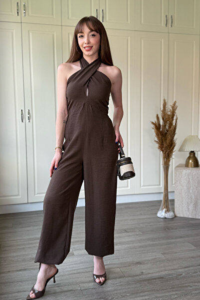 Dilay Gökoğlu Butik Halter Neck Linen Brown Jumpsuit with Chest Detail