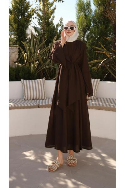 HOPEFUL DESİGN Women's Belted Waist-Tied Brown Dress