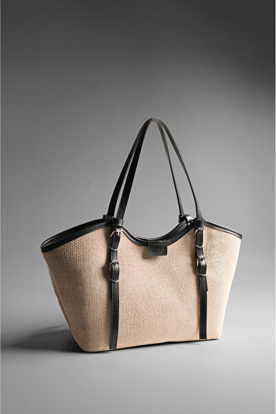 Rimense Women's Straw Black Faux Leather Handle Lined Hand and Shoulder Bag
