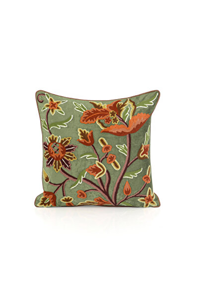 Bursa İpek Green Embroidered Velvet Throw Pillow