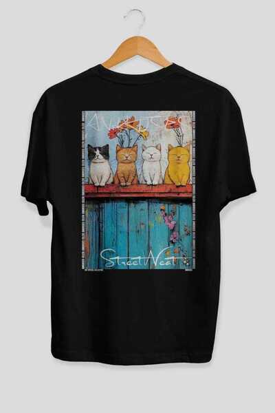Ankhises For the Sake of Cats 14 Cats Printed Black Oversize T-Shirt 100% Cot...