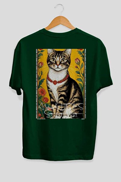 Ankhises For the Love of Cats 106 Cat Printed Green Oversize T-Shirt 100% Cot...