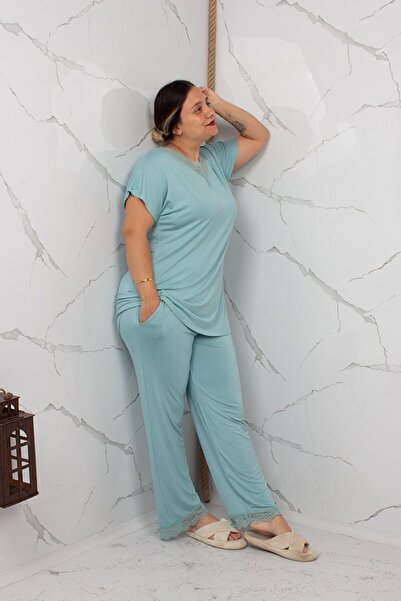 Truva XXL Lace Detailed Soft Lycra Viscose Plus Size Pajama Set