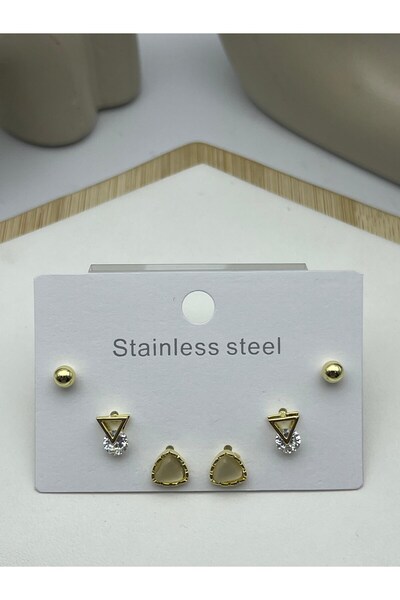 BİJU YILMAZ 26clk23 stone triangle detailed gold steel earring set